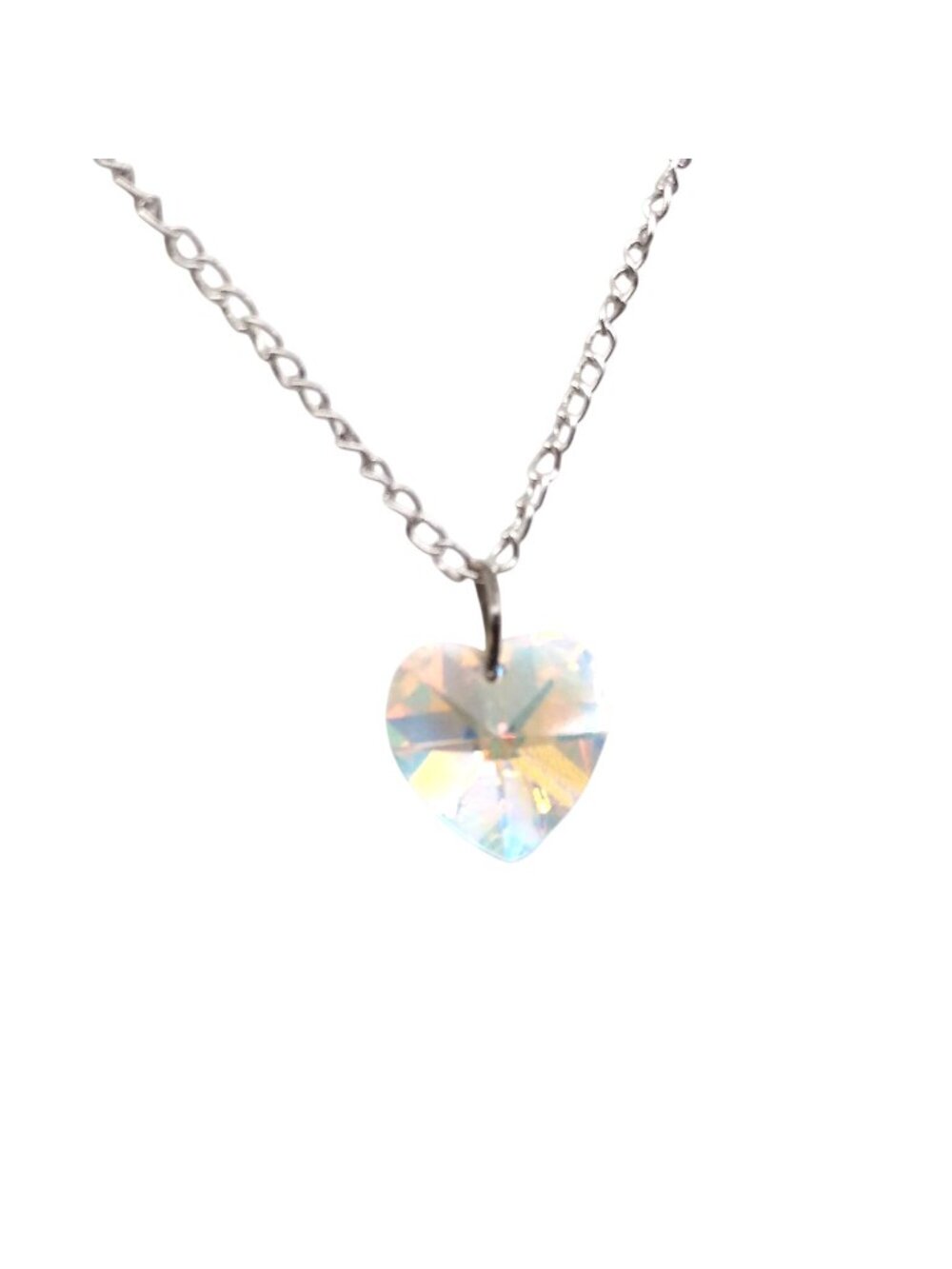 Rivoli Crystal Heart Pendant Necklace, Aurora Borealis Double Point on Silver